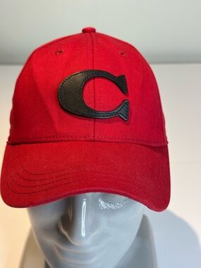 Coach Red Baseball Cap with Black 'C' Leather Patch